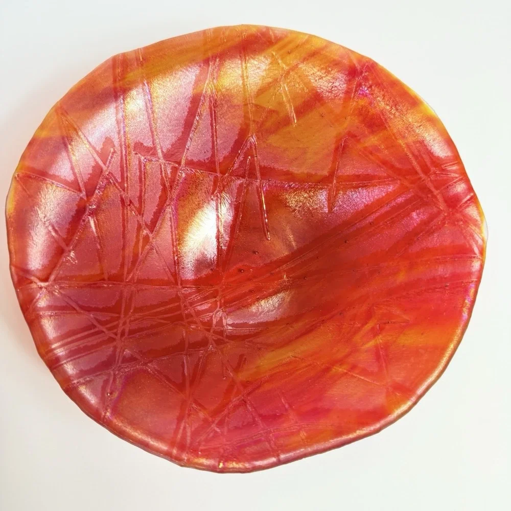 Vintage Red Orange Fused Art Glass Bowl Iridescent Abstract Line Dish
